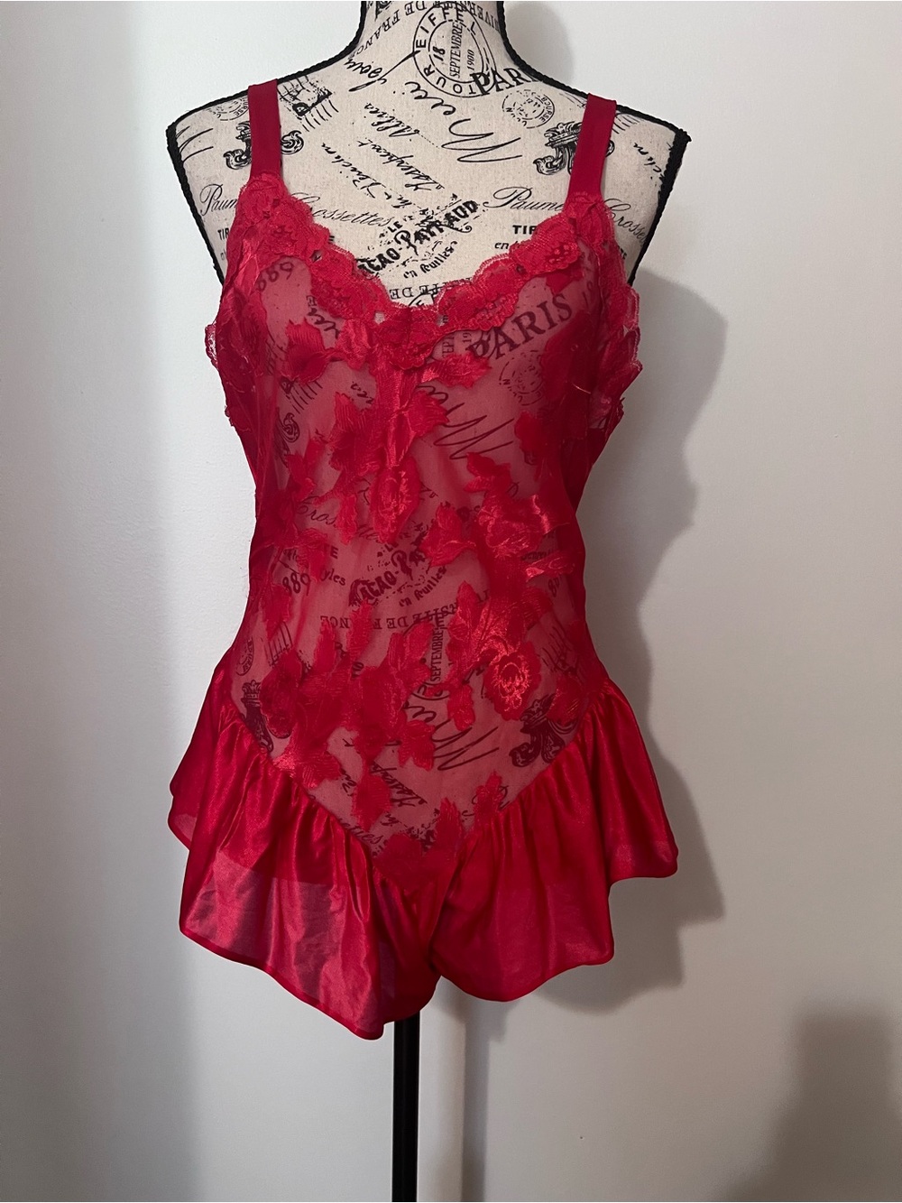 Vintage 80s Red Lace Teddy Romper Ruffle Hem Medium Made in USA